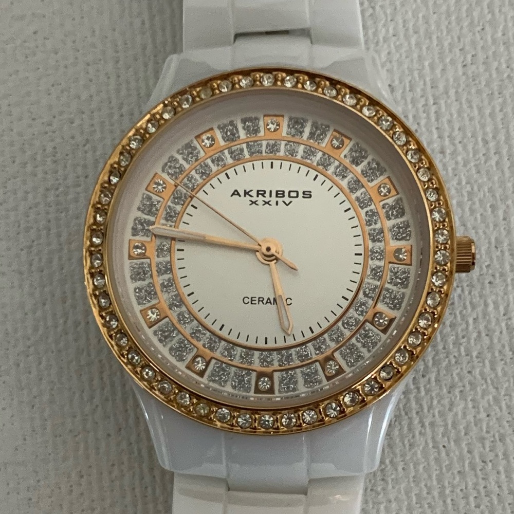 Akribos XXIV Women's Quartz Crystal Accented Mother-of-Pearl Dial Ceramic Watch